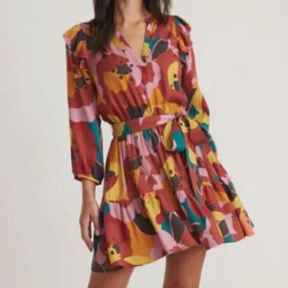Marine Layer Elise Sz M Mini Dress Flowy Boho Exploded Floral 3/4 Sleeve Flaws